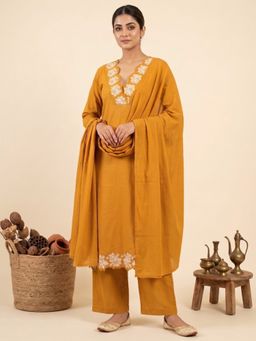 Readiprint - Women Mustard Floral Embroidered Kurta with Palazzo and Dupatta