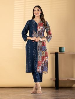 Readiprint - Women Navy Blue Bandhani Printed Kurta with Pant