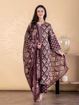 Readiprint - Women Wine Floral Printed Kurta with Pant and Dupatta