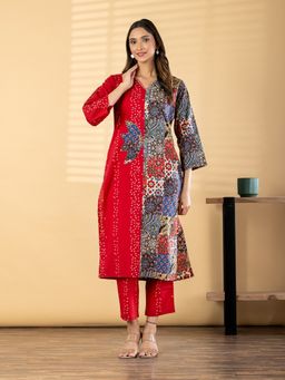 Readiprint - Women Red Bandhani Printed Kurta with Pant
