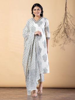 Readiprint - Women Off White Floral Printed Kurta with Pant and Dupatta