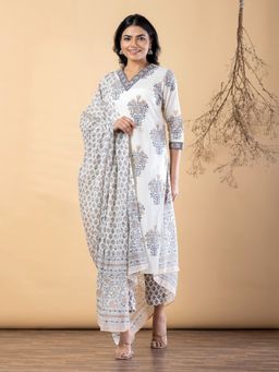Readiprint - Women Off White Floral Printed Kurta with Pant and Dupatta