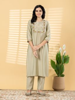 Readiprint - Women Beige Floral Embroidered Kurta with Pant