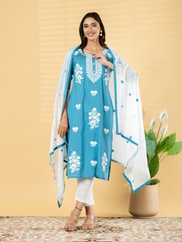 Readiprint - Women Blue Floral Embroidered Kurta with Pant and Dupatta
