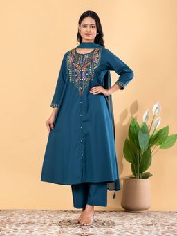 Readiprint - Women Teal Embroidered Thread Work Kurta with Pant and Dupatta