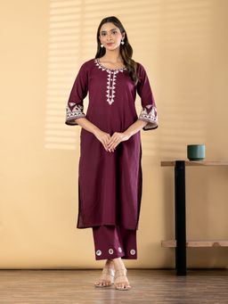 Readiprint - Women Purple Embroidered Mirror Work Kurta with Palazzo