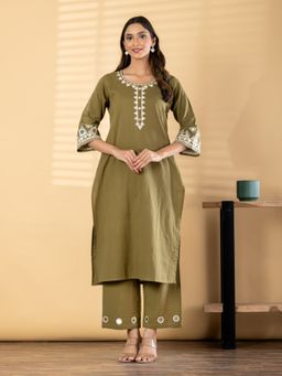 Readiprint - Women Olive Embroidered Mirror Work Kurta with Palazzo