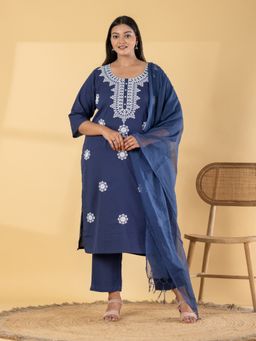 Readiprint - Women Navy Blue Embroidered Thread Work Kurta with Pant and Dupatta