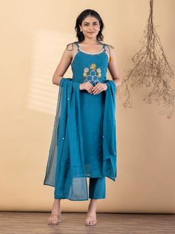 Readiprint - Women Blue Embroidered Mirror Work Kurta with Pant and Dupatta