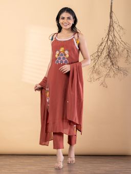 Readiprint - Women Brown Embroidered Mirror Work Kurta with Pant and Dupatta