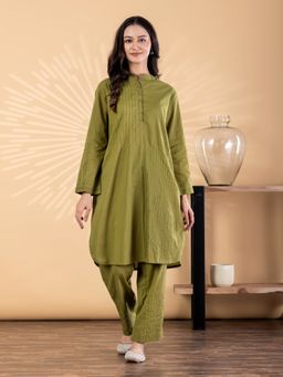 Readiprint - Women Olive Solid Thread Work Kurta with Pant