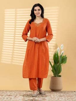 Readiprint - Women Orange Embroidered Sequined Work Kurta with Pant