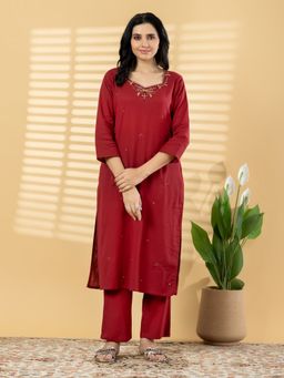 Readiprint - Women Maroon Embroidered Sequined Work Kurta with Pant