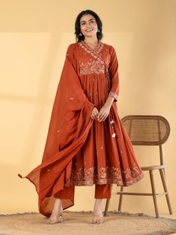 Readiprint - Women Rust Floral Embroidered Angarkha Kurta with Pant and Dupatta