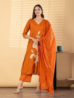 Readiprint - Women Rust Floral Embroidered Kurta with Palazzo and Dupatta