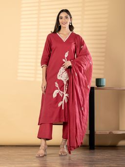Readiprint - Women Maroon Floral Embroidered Kurta with Pant and Dupatta