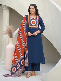 Readiprint - Women Navy Blue Printed Mirror Work Kurta with Palazzo and Dupatta