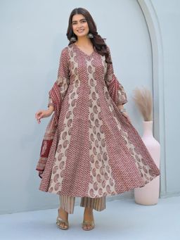 Readiprint - Women Maroon-Grey Paisley Printed Anarkali Kurta with Palazzo and Dupatta