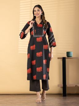 Readiprint - Women Black Printed Tassels Kurta with Pant