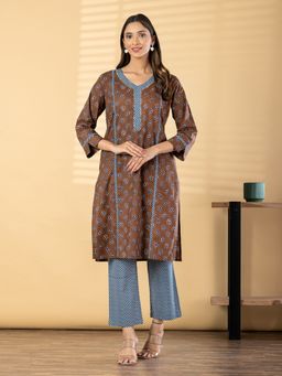 Readiprint - Women Brown Stripes Printed Kurta with Pant