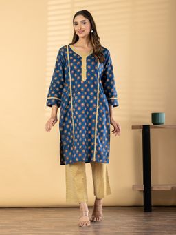 Readiprint - Women Navy Blue Stripes Printed Kurta with Pant