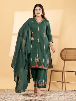 Readiprint - Women Green Embroidered Thread Work Kurta with Pant and Dupatta