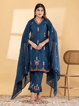 Readiprint - Women Navy Blue Embroidered Thread Work Kurta with Pant and Dupatta