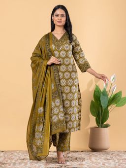 Readiprint - Women Olive Floral Printed Kurta with Pant and Dupatta