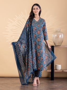 Readiprint - Women Navy Blue Floral Printed Kurta with Pant and Dupatta