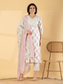 Readiprint - Women Off White Floral Printed Kurta with Pant and Dupatta