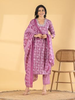 Readiprint - Women Pink Printed Sequined Work Kurta with Pant and Dupatta