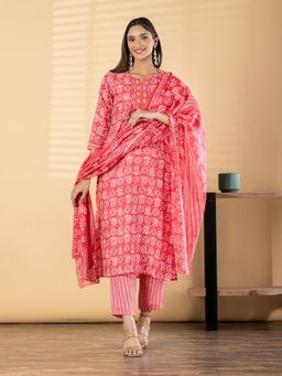 Readiprint - Women Red Printed Embroidered Kurta with Pant and Dupatta