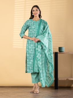 Readiprint - Women Green Printed Embroidered Kurta with Pant and Dupatta