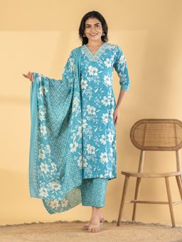 Readiprint - Women Blue Floral Printed Kurta with Pant and Dupatta