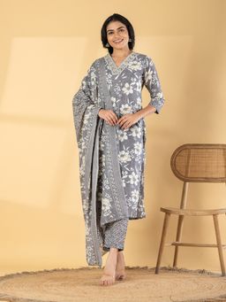 Readiprint - Women Grey Floral Printed Kurta with Pant and Dupatta