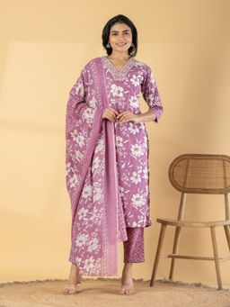 Readiprint - Women Purple Floral Printed Kurta with Pant and Dupatta