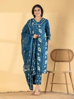 Readiprint - Women Navy Blue Floral Printed Kurta with Pant and Dupatta