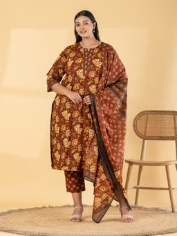 Readiprint - Women Brown Floral Printed Kurta with Pant and Dupatta