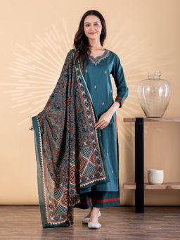 Readiprint - Women Teal Embroidered Kurta with Palazzo and Dupatta