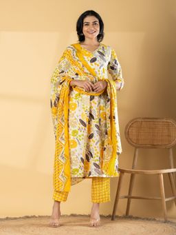 Readiprint - Women Yellow Floral Printed Kurta with Pant and Dupatta