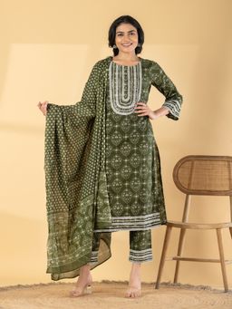 Readiprint - Women Olive Printed Sequined Work Kurta with Pant and Dupatta