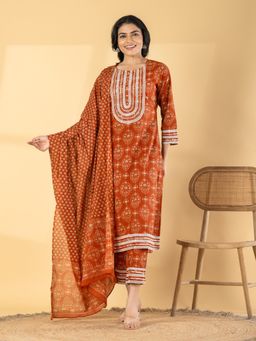 Readiprint - Women Rust Printed Sequined Work Kurta with Pant and Dupatta