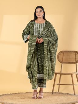 Readiprint - Women Olive Floral Printed Kurta with Pant and Dupatta
