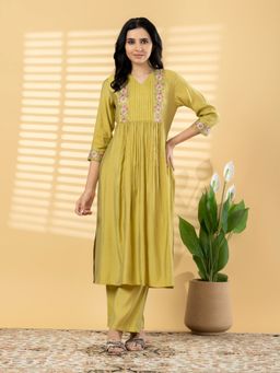 Readiprint - Women Mustard Floral Embroidered Kurta with Pant