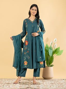 Readiprint - Women Teal Floral Embroidered Kurta with Pant and Dupatta