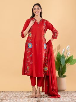 Readiprint - Women Red Floral Embroidered Kurta with Pant and Dupatta
