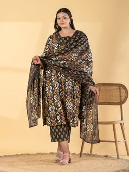 Readiprint - Women Black Printed Sequined Work Kurta with Pant and Dupatta