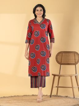 Readiprint - Women Maroon Printed Beads Work Kurta with Palazzo