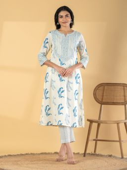 Readiprint - Women Off White-Blue Printed Mirror Work Kurta with Pant