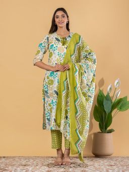 Readiprint - Women Green Floral Printed Kurta with Pant and Dupatta